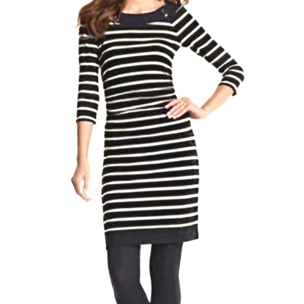 White House Black Market gold/black stripe metallic looking fabric sheath dress.
